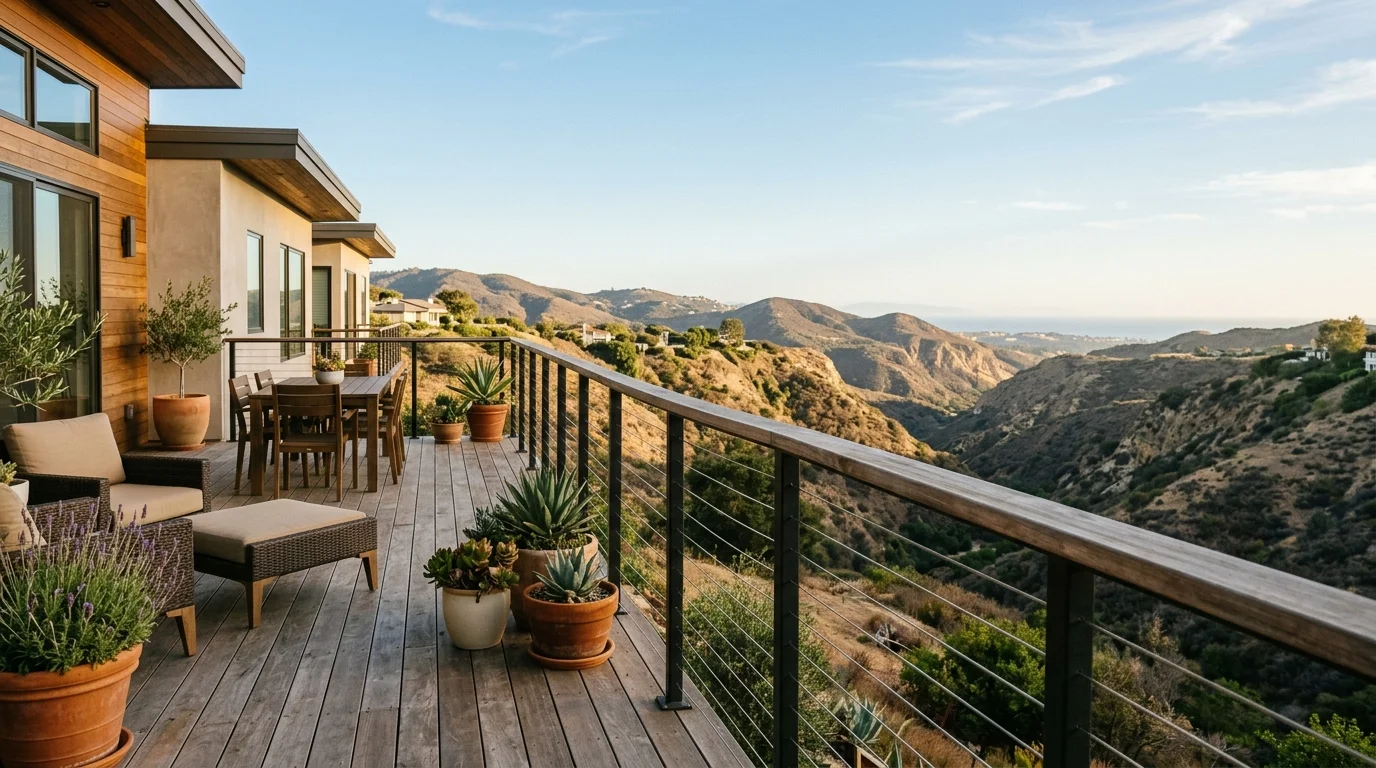 Horizontal stainless cable railing on a hillside San Diego deck with a canyon view