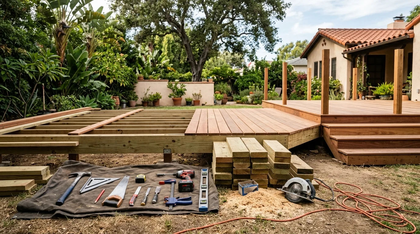 Carpentry tools and cut lumber beside a partially framed deck
