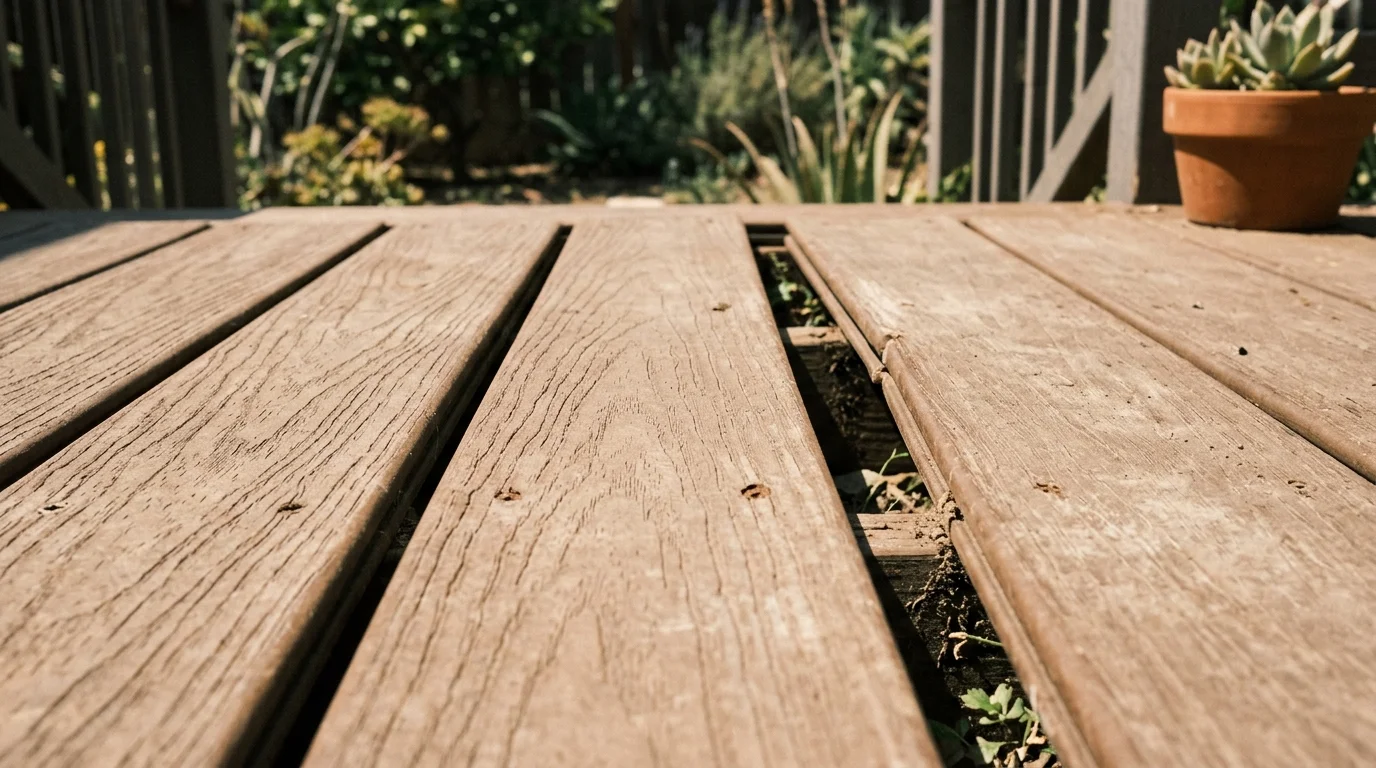 Composite deck boards showing cupping and uneven gaps in bright sun