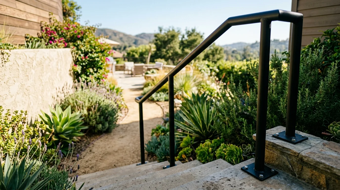 Powder-coated steel handrail on exterior stairs at a San Diego home