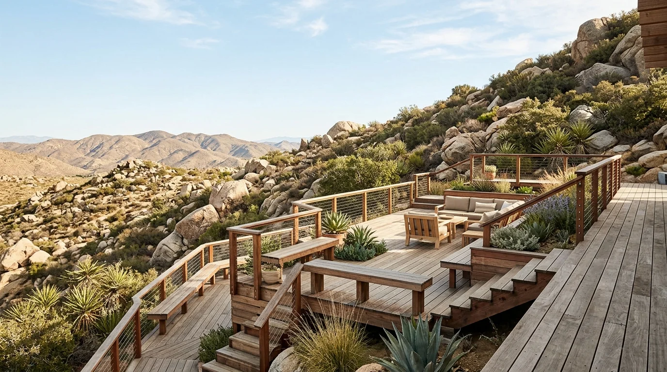 Wood deck on a steep foothill lot in eastern San Diego County