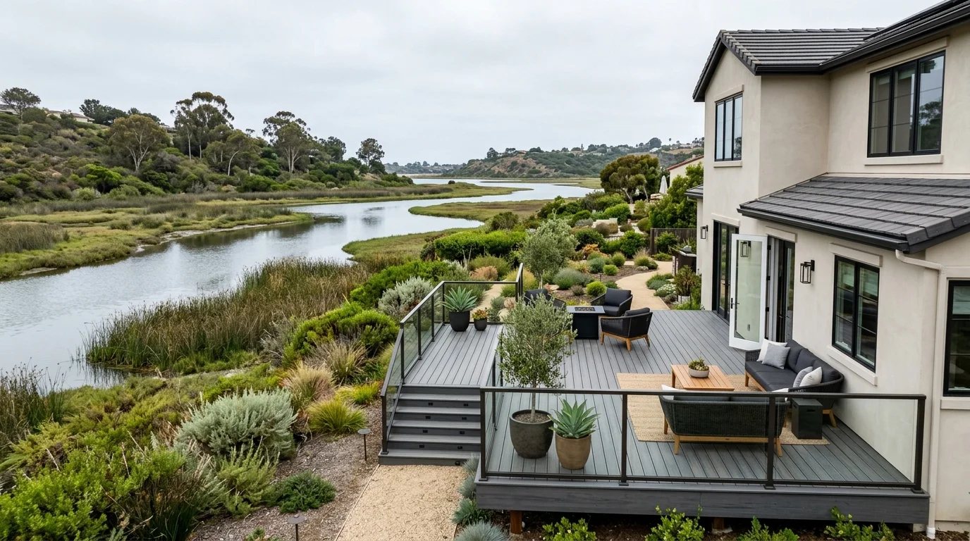 Composite backyard deck behind a stucco home in coastal Carlsbad with lagoon vegetation