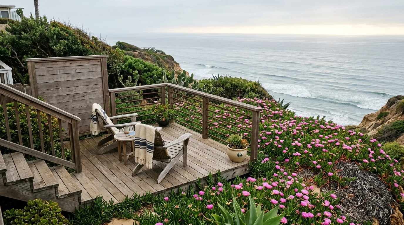 Compact coastal deck on a short Encinitas lot with ice plant and horizon light