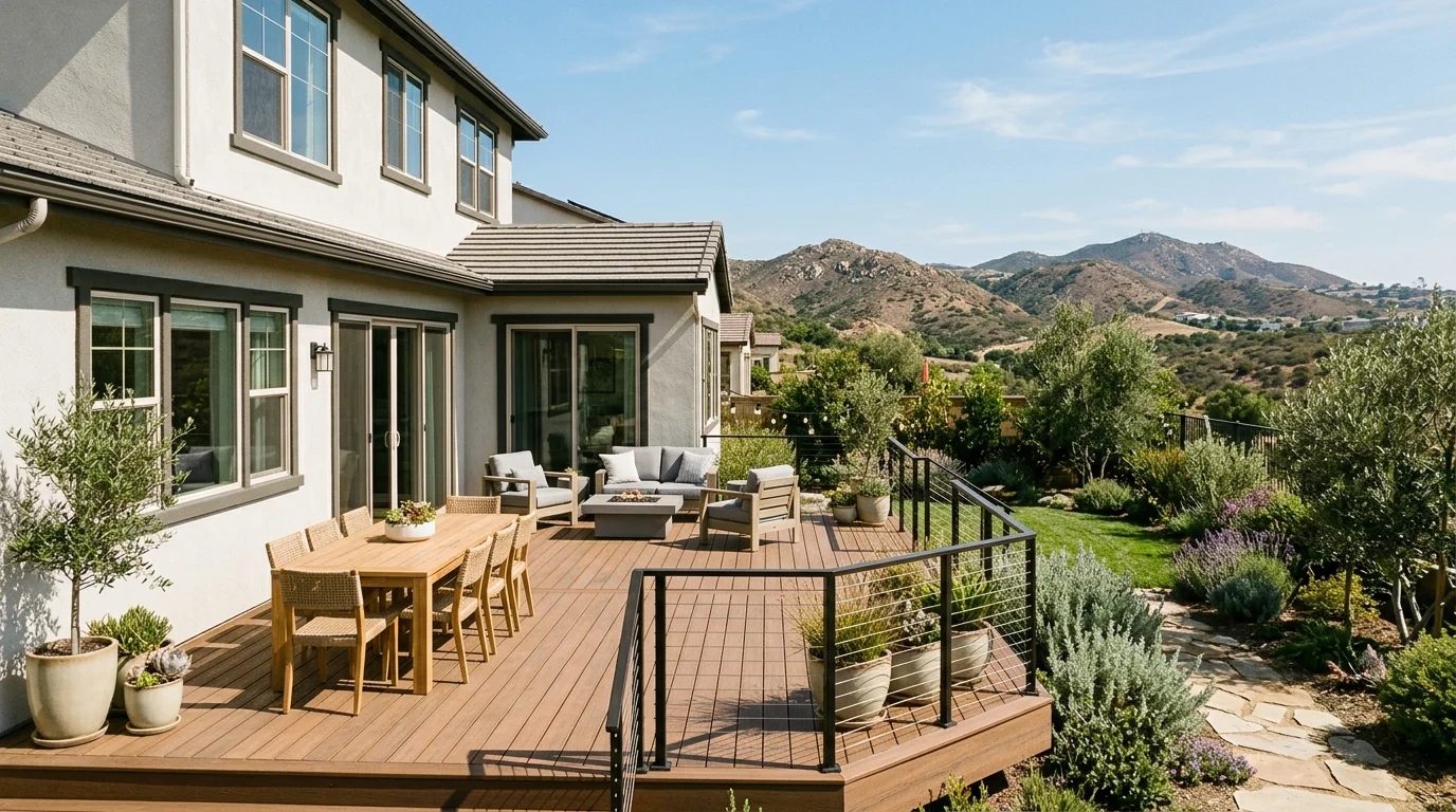 Backyard composite deck behind a newer inland North County home