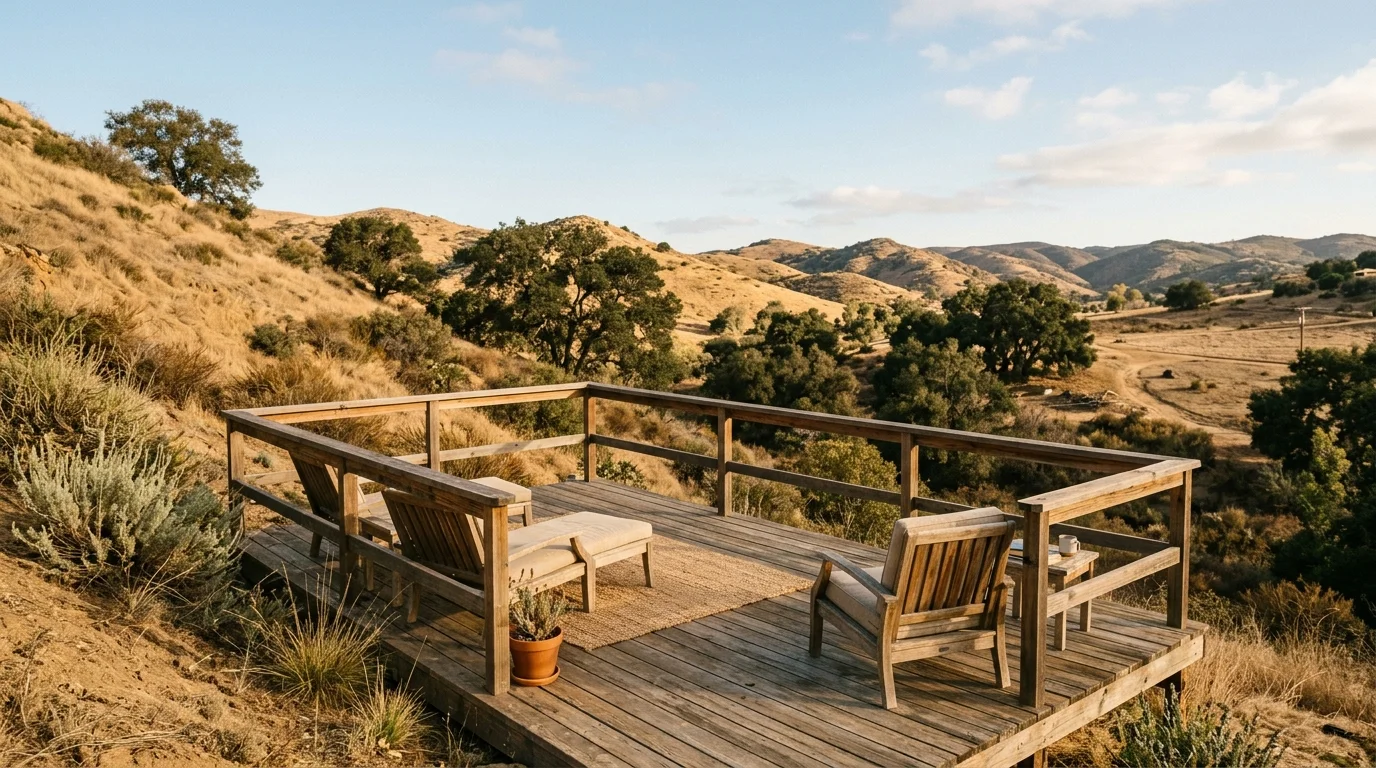 Wood deck on a rural backcountry property with dry hills beyond