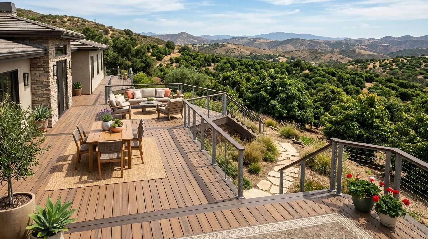Composite deck on a hillside acreage property in inland San Diego County