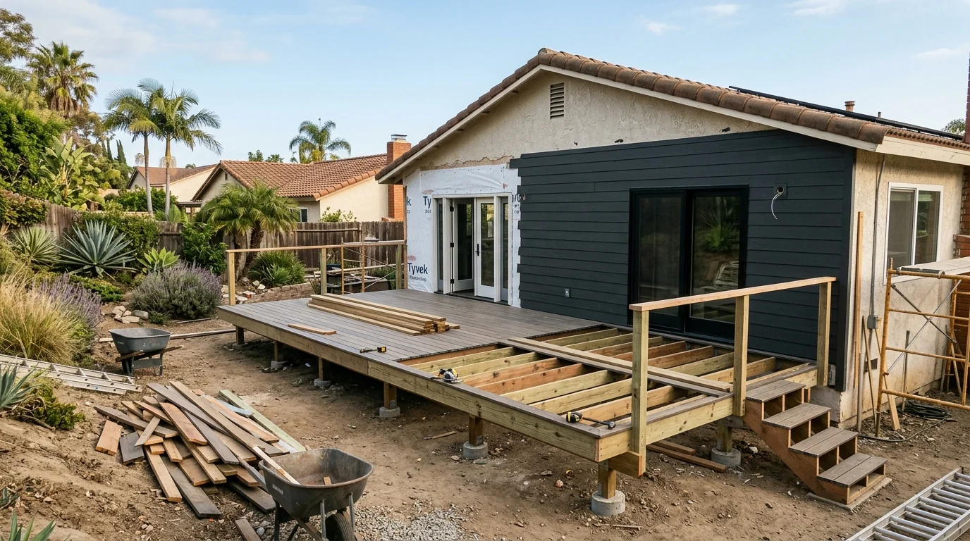 Home mid-exterior-remodel with new siding beside a partly built deck