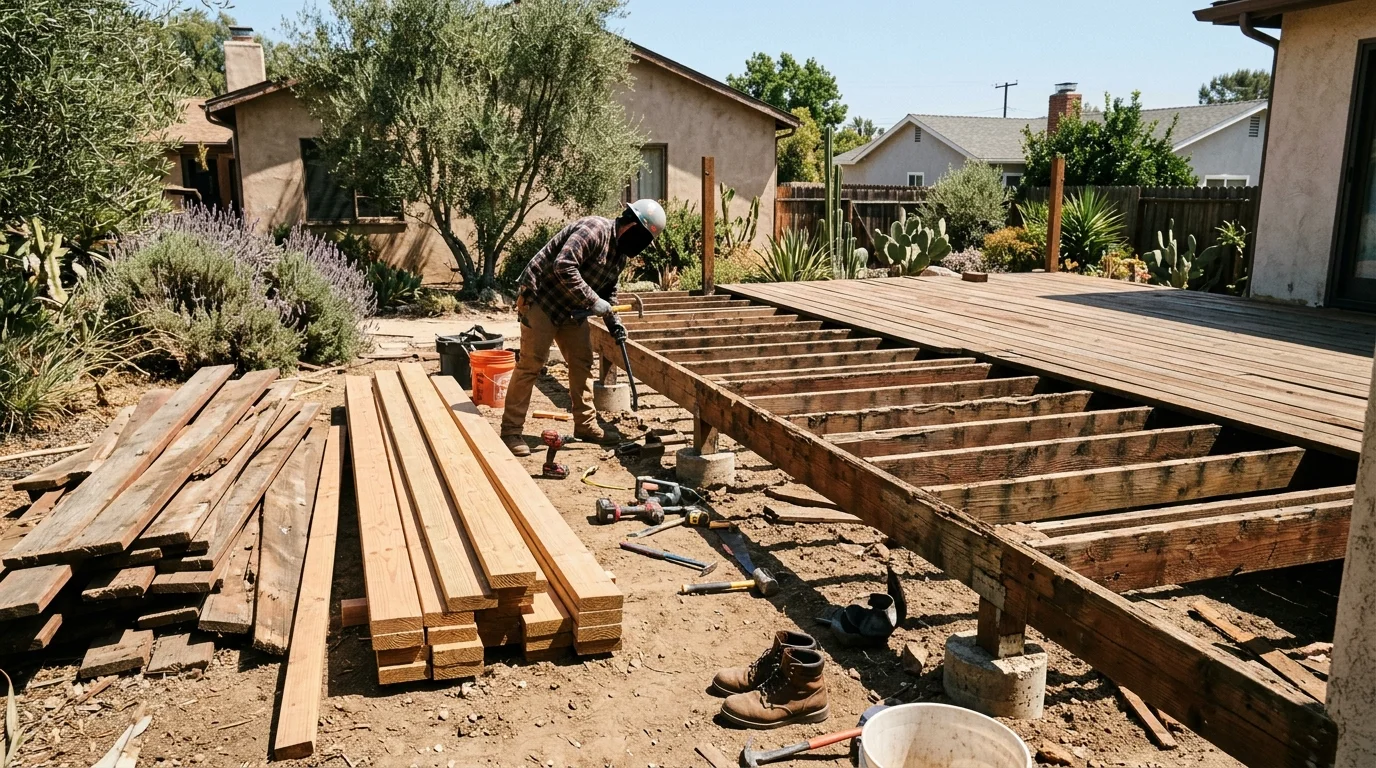 Residential deck partly demolished with joists and ledger exposed