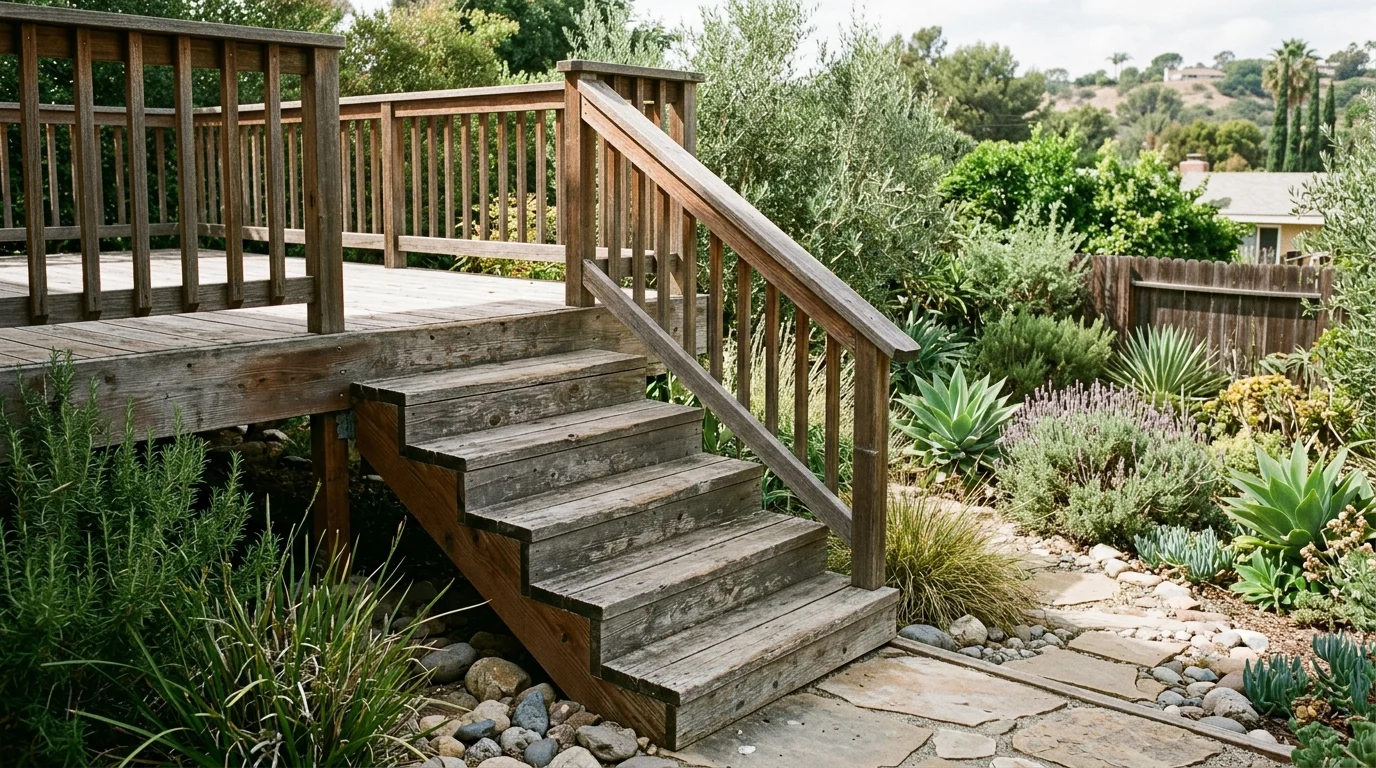 Weathered exterior wood deck stairs and stringer at the bottom landing