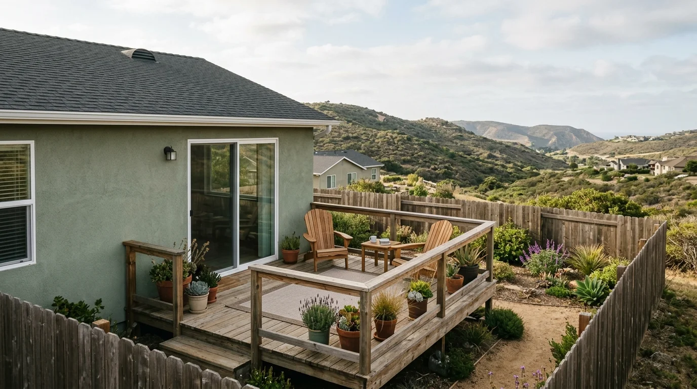 Backyard wood deck behind a newer coastal North County home
