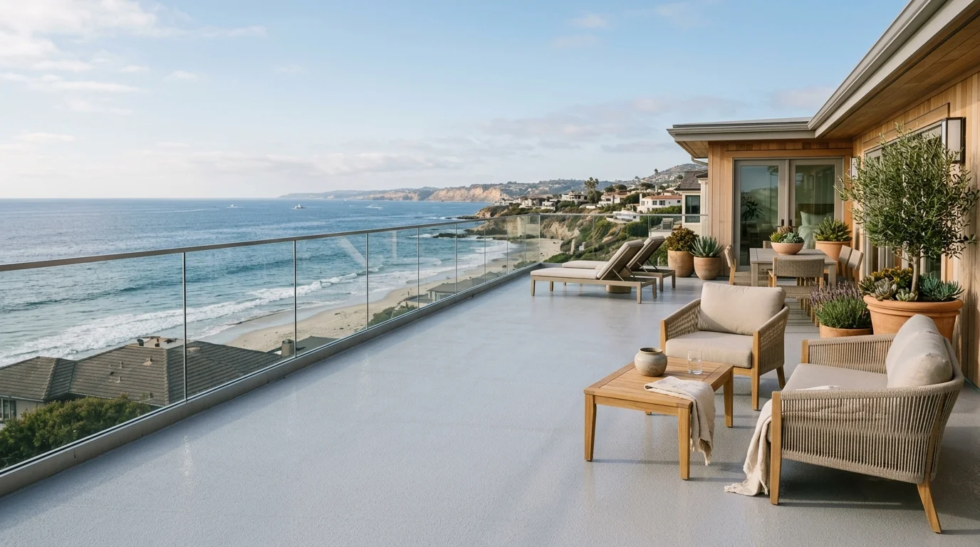 Coated rooftop deck with ocean view on a coastal San Diego home