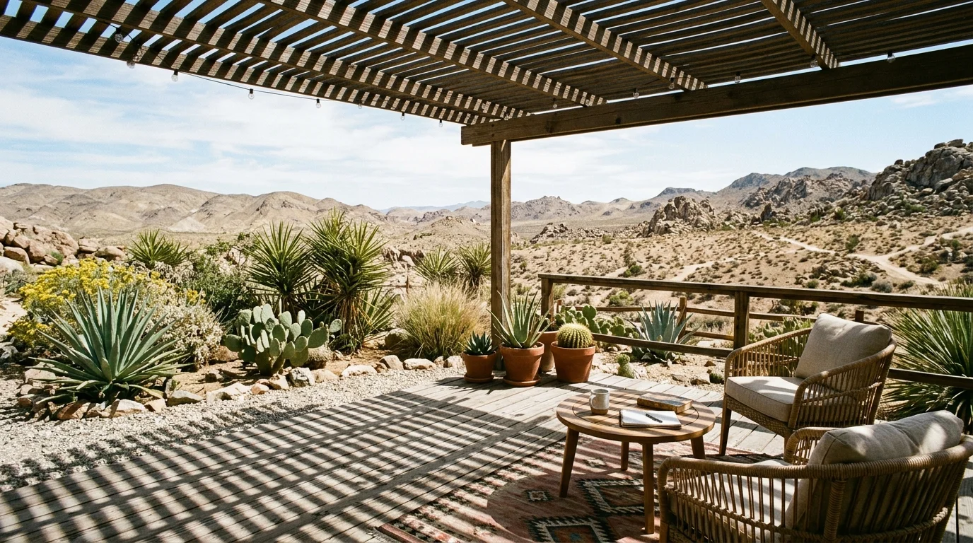 Shaded desert deck with slatted shade structure and desert landscape beyond