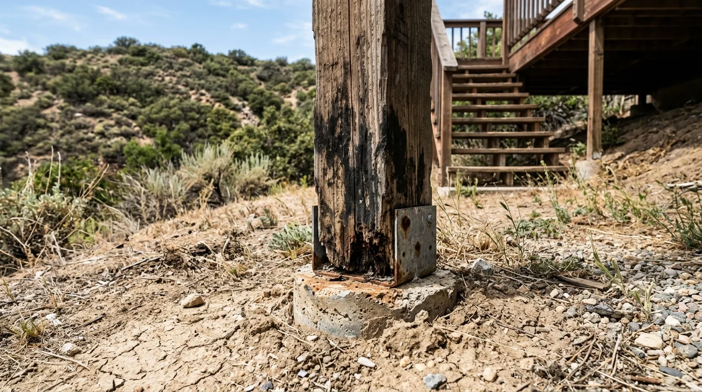 Rotted wood deck post base at ground level on an inland San Diego property