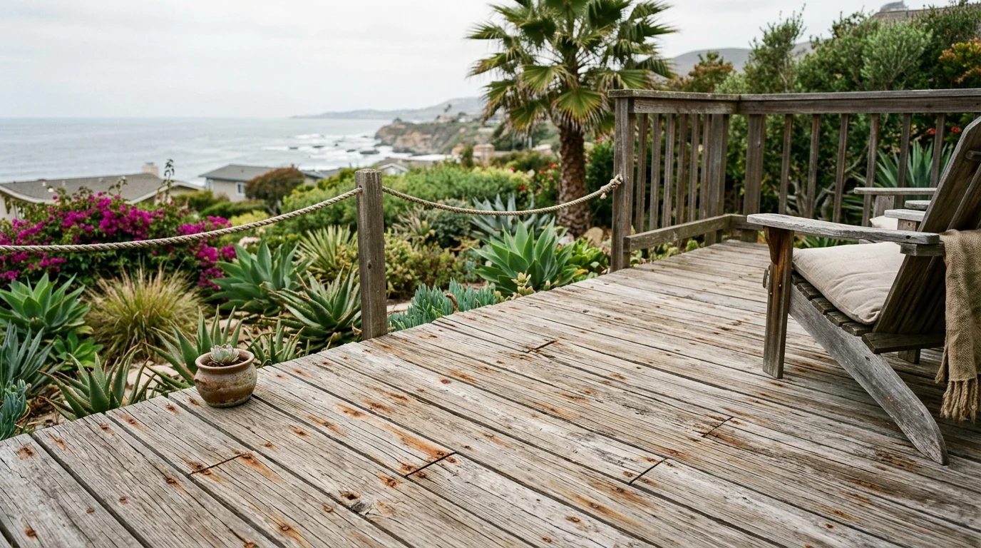 Salt-weathered wood deck boards with corroded fasteners near the coast