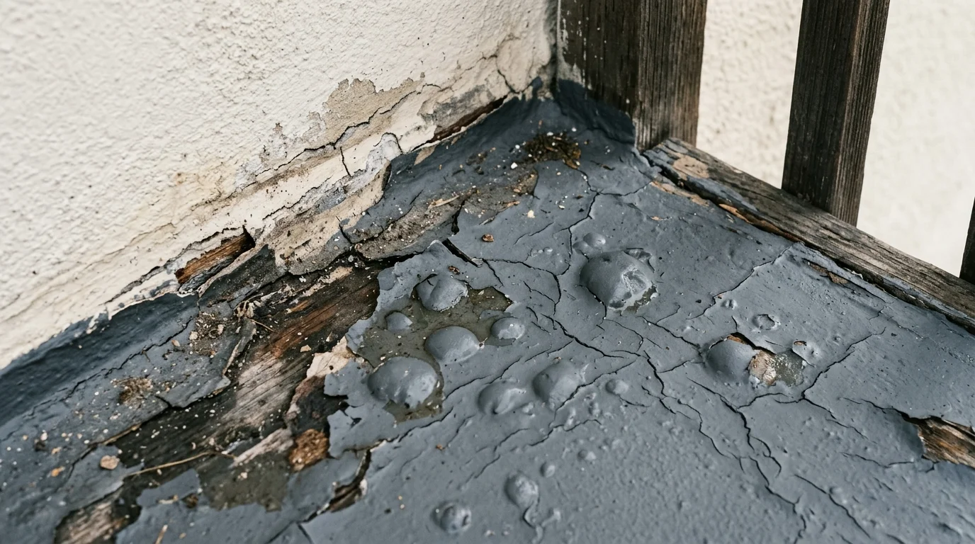 Blistered and cracked waterproof deck coating near a wall transition