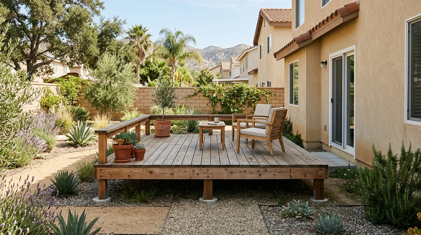 Low freestanding wood deck standing clear of the house wall
