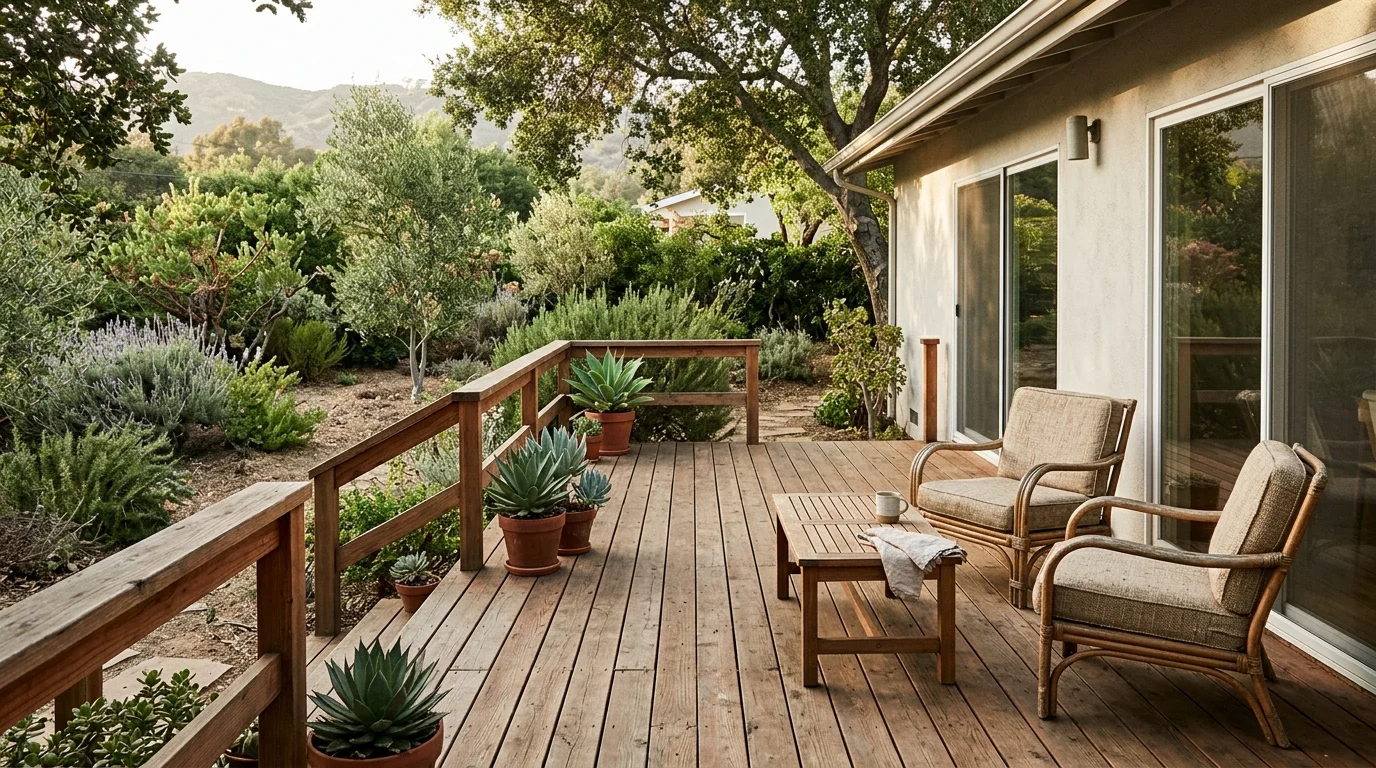 Covered front porch with wood posts on a Southern California home