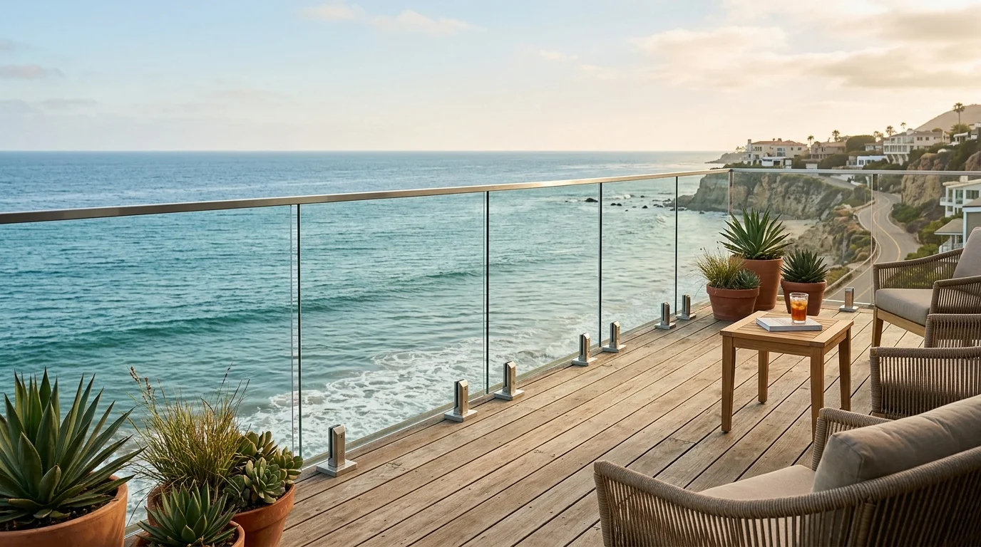 Frameless glass railing on a coastal San Diego deck overlooking the ocean