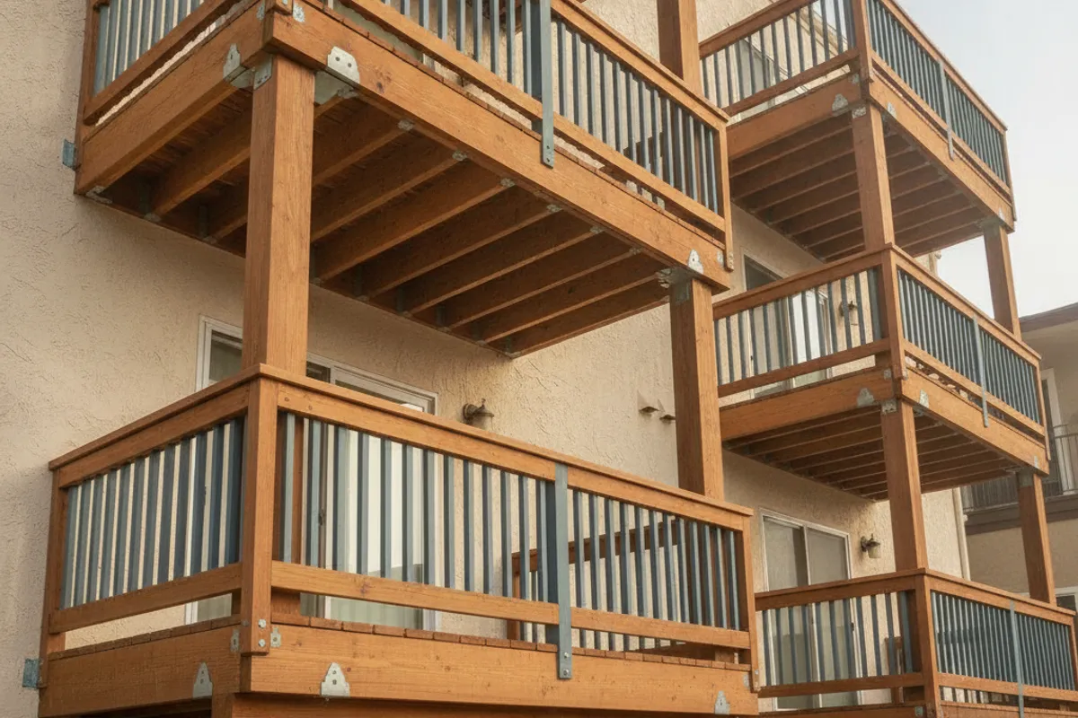A modern apartment balcony with glass railings in a San Diego building.