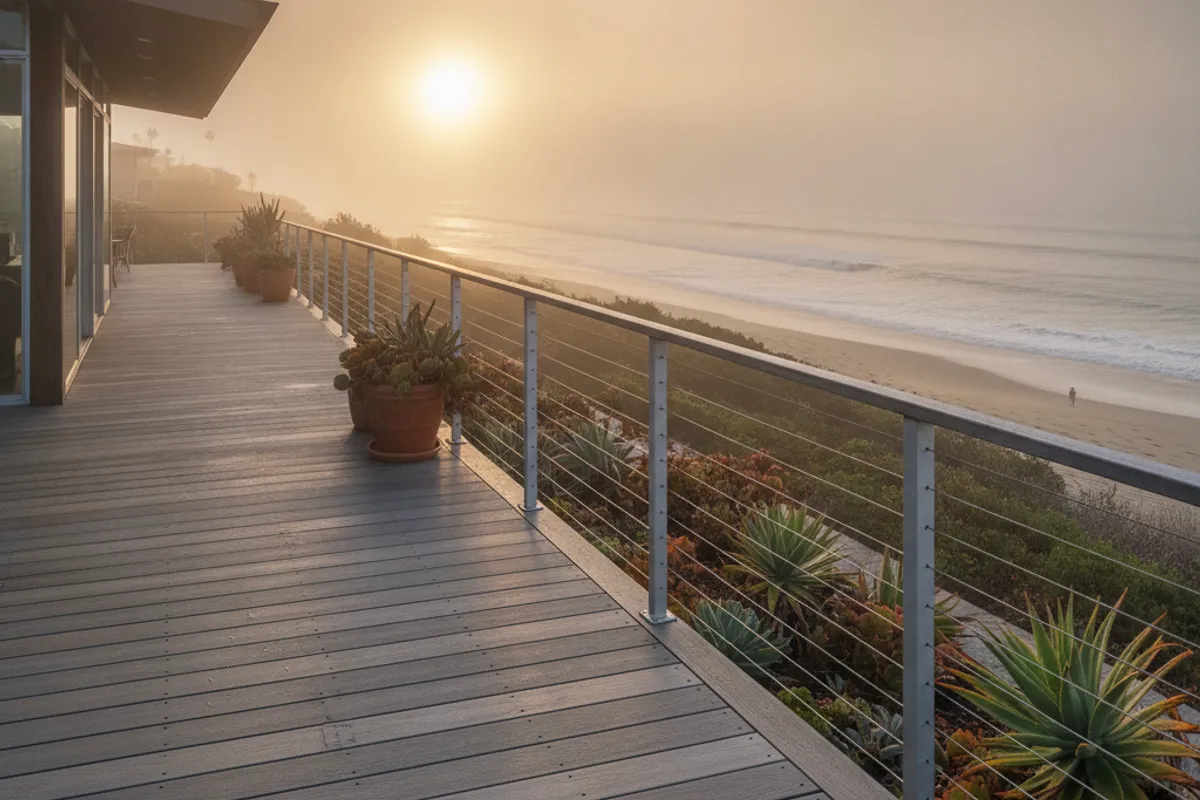 A composite deck on a coastal San Diego home overlooking the Pacific Ocean