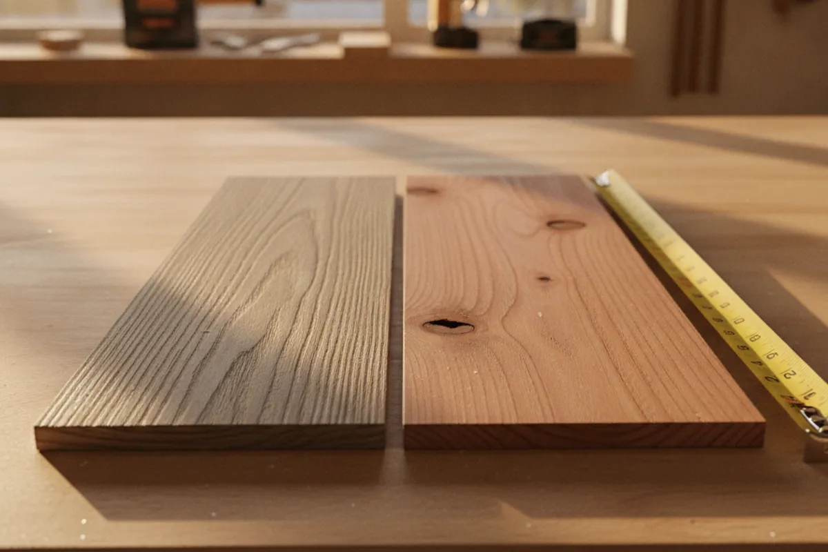 Side-by-side deck boards showing composite and natural wood decking samples
