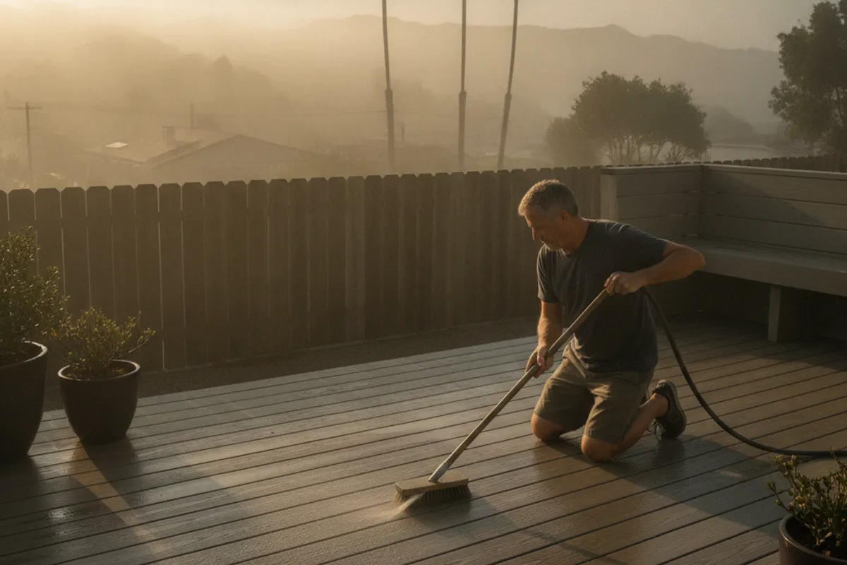 A homeowner cleaning a wooden deck on a foggy San Diego morning