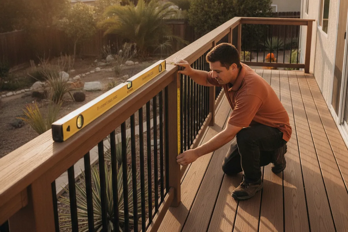 A San Diego deck with modern cable railing and aluminum posts overlooking a backyard