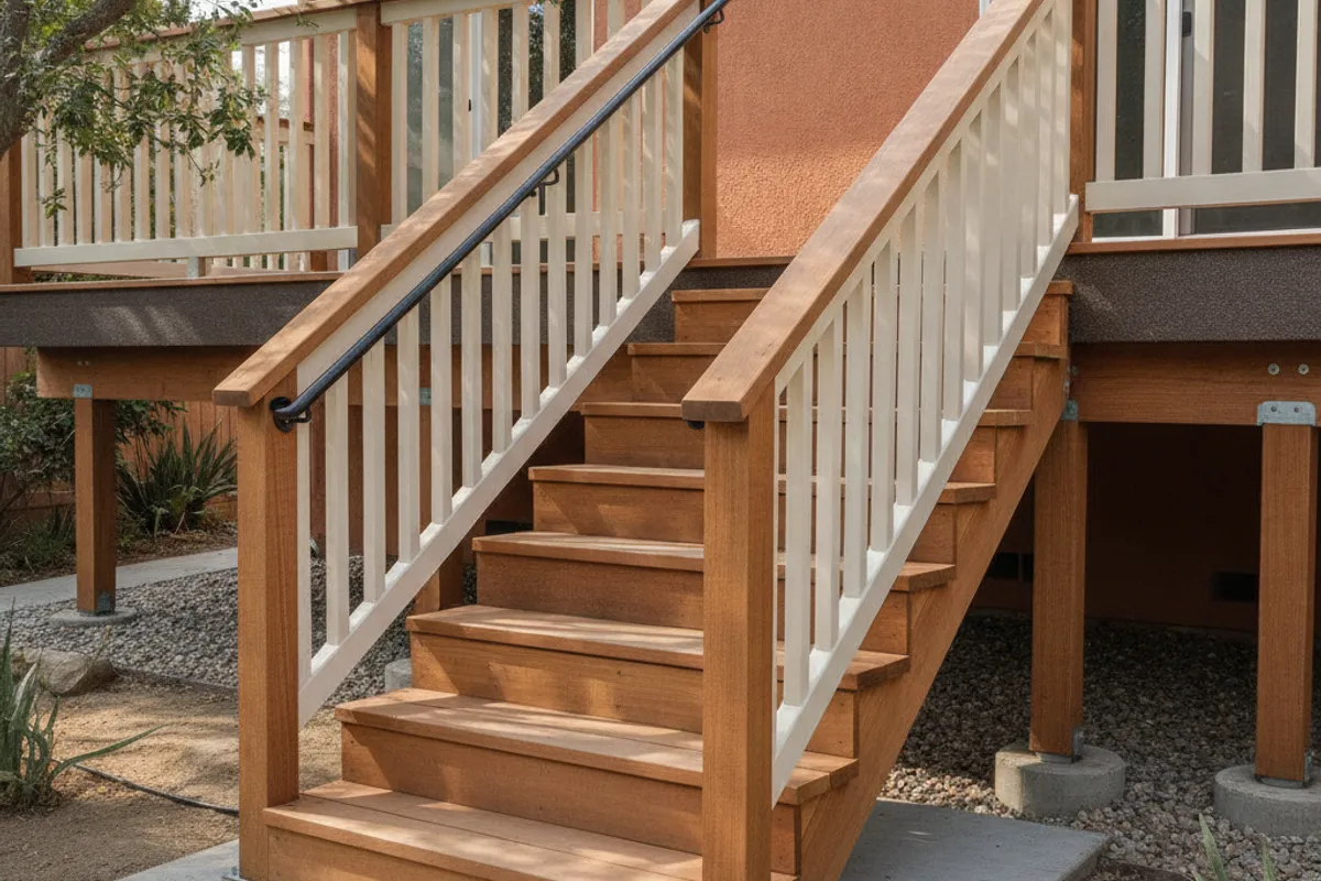 A newly framed wooden deck staircase attached to a San Diego home, showing code-compliant risers and a dedicated handrail.