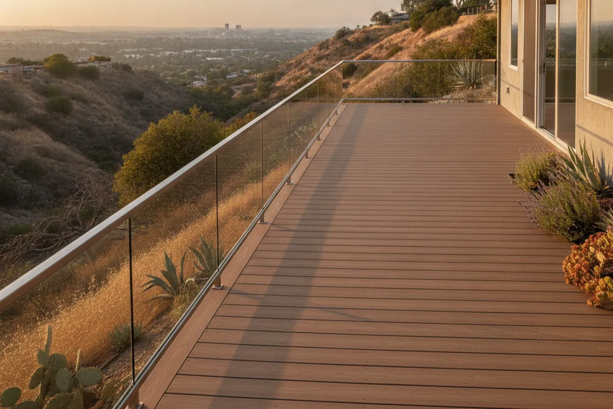 A fire-resistant composite deck on a hillside home in the San Diego backcountry