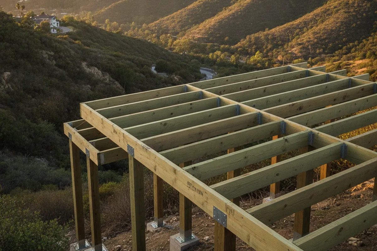 An elevated hillside deck with tall post framing in a San Diego canyon-view backyard