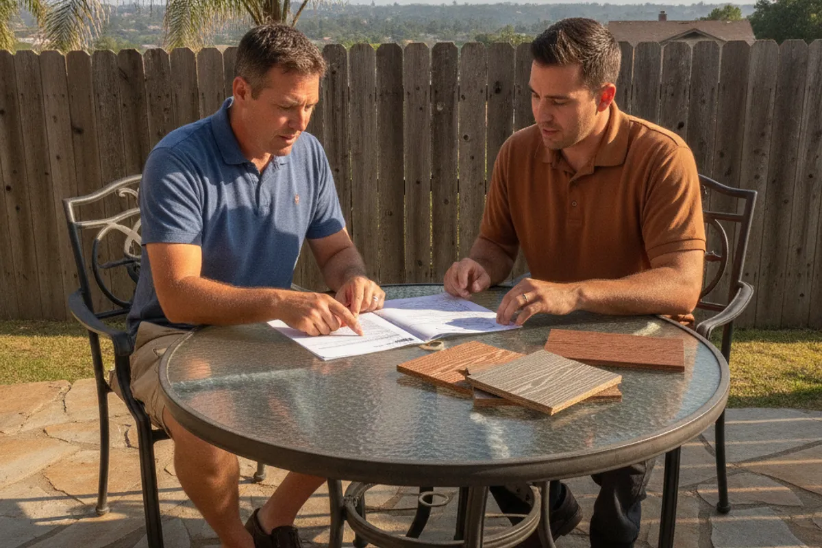 A homeowner reviewing deck construction plans with a contractor in a San Diego backyard