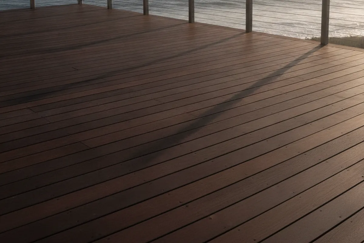 A dark brown ipe wood deck overlooking the Pacific Ocean in coastal San Diego.