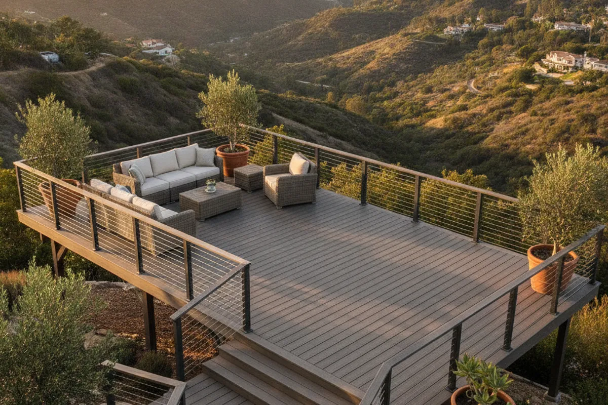 A multi-level composite deck with stairs and lighting in a San Diego hillside backyard