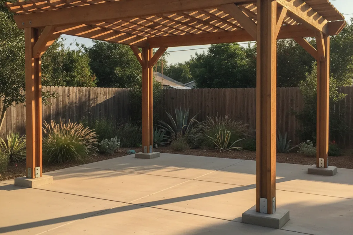 A wooden open-slat pergola providing shade over a concrete patio in a San Diego backyard.