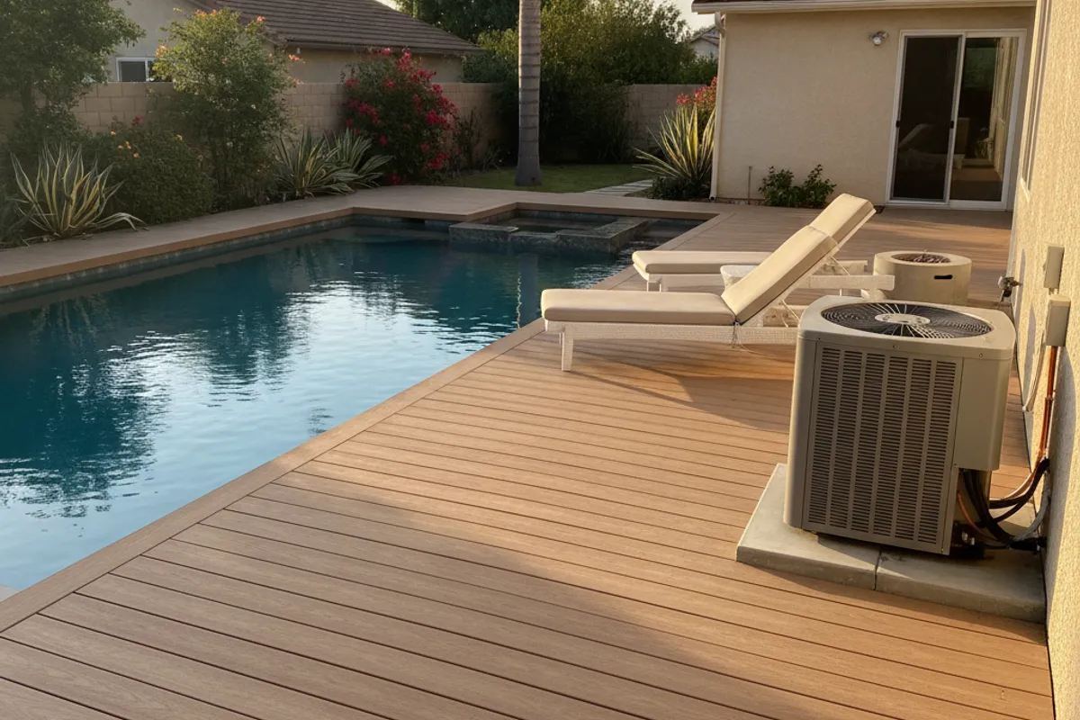 A San Diego backyard pool with a travertine paver deck surrounding it