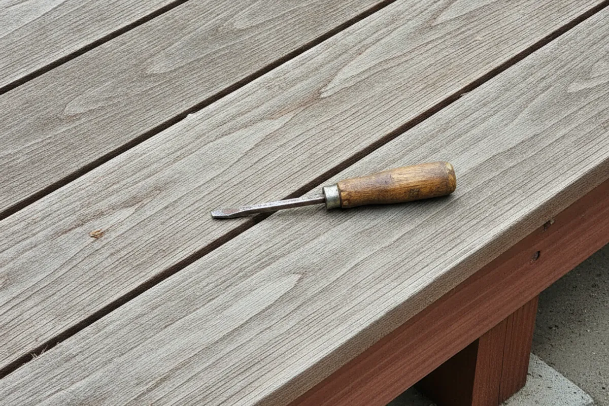 A weathered wood deck in San Diego showing raised grain and surface splintering before repair.