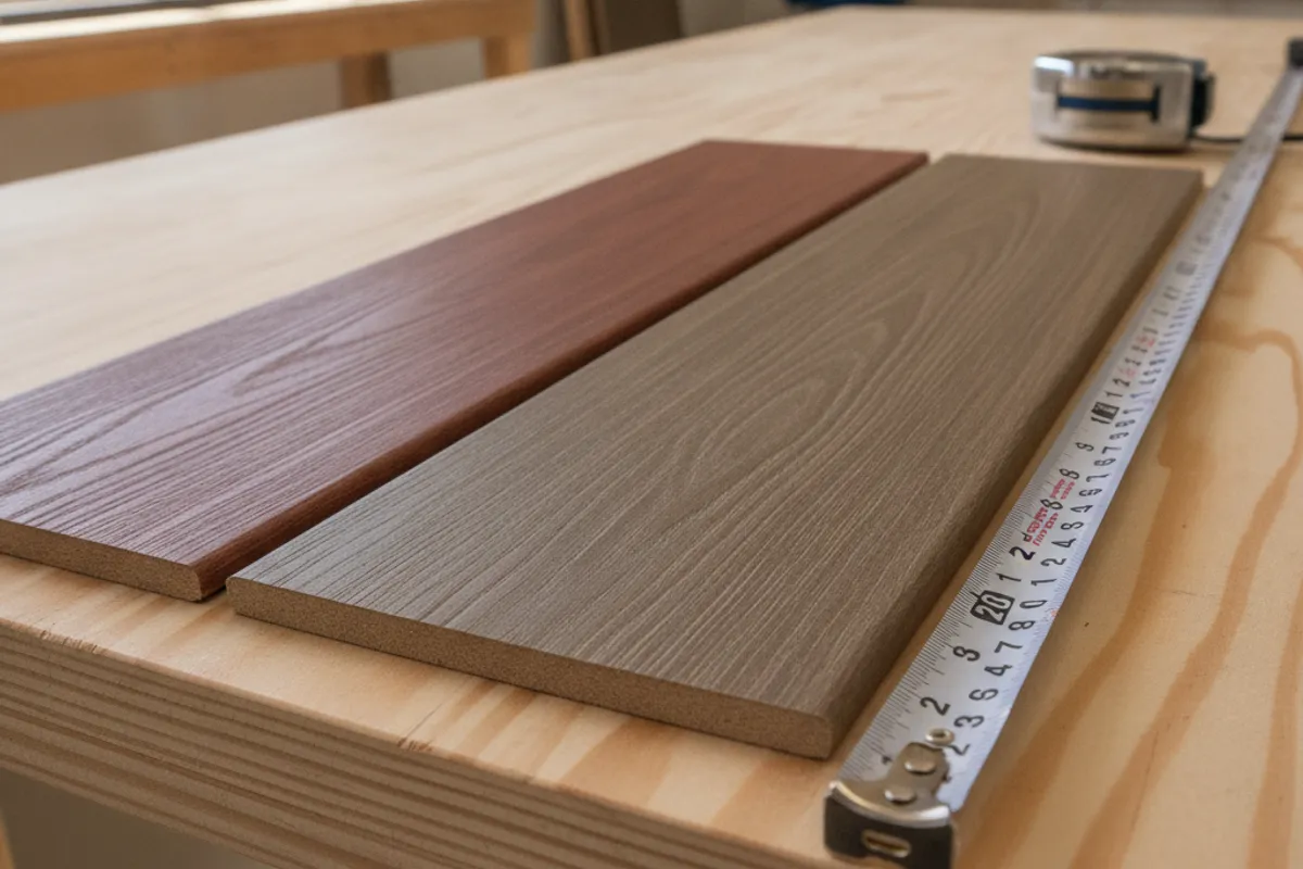 Trex and TimberTech composite deck board samples laid side by side for comparison