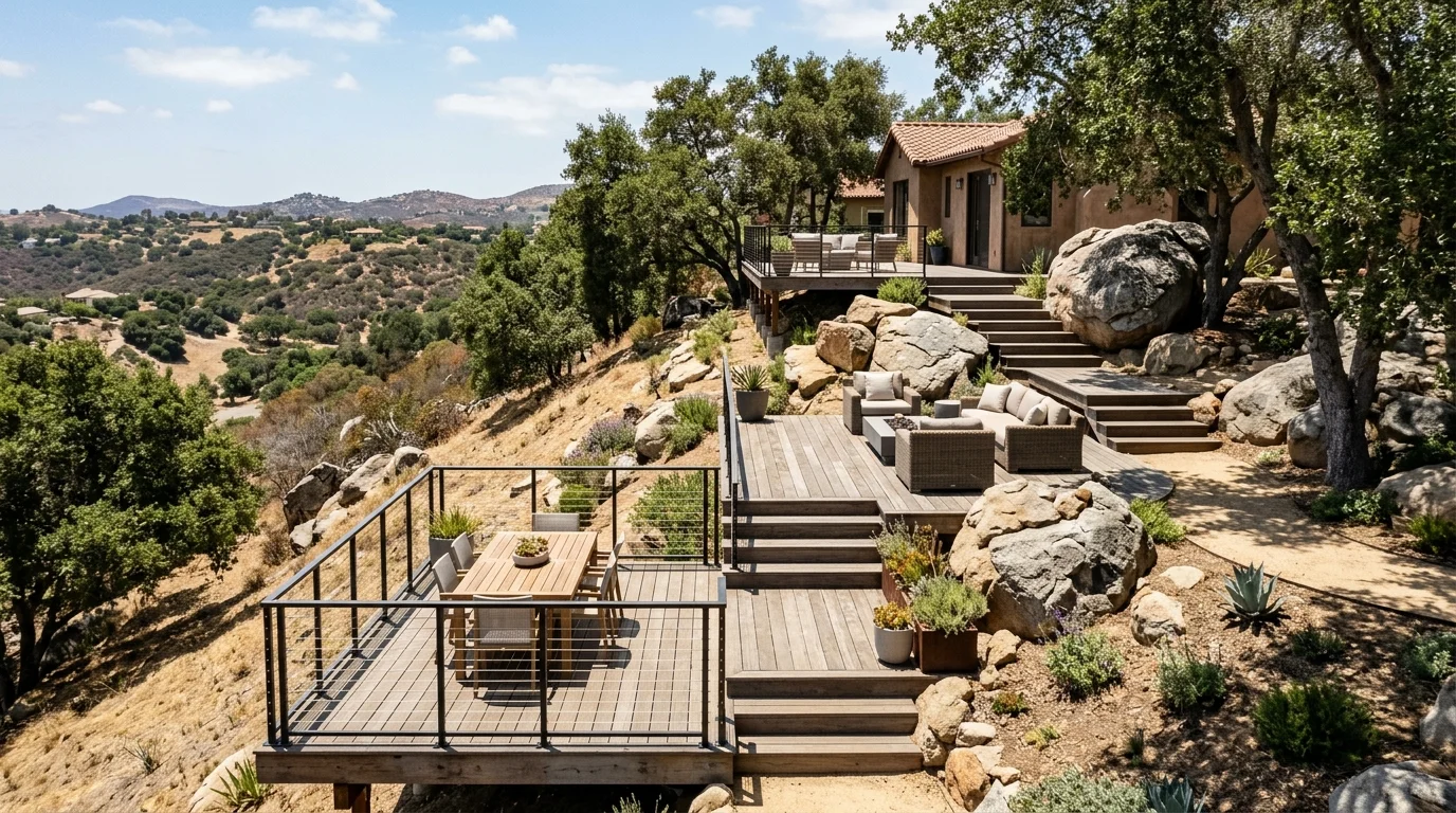 Stepped multi-level deck on a dry inland hillside lot with oaks and granite