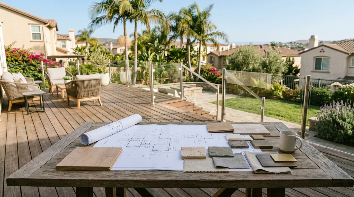 Printed deck plans and material samples on a table overlooking a tract-home backyard