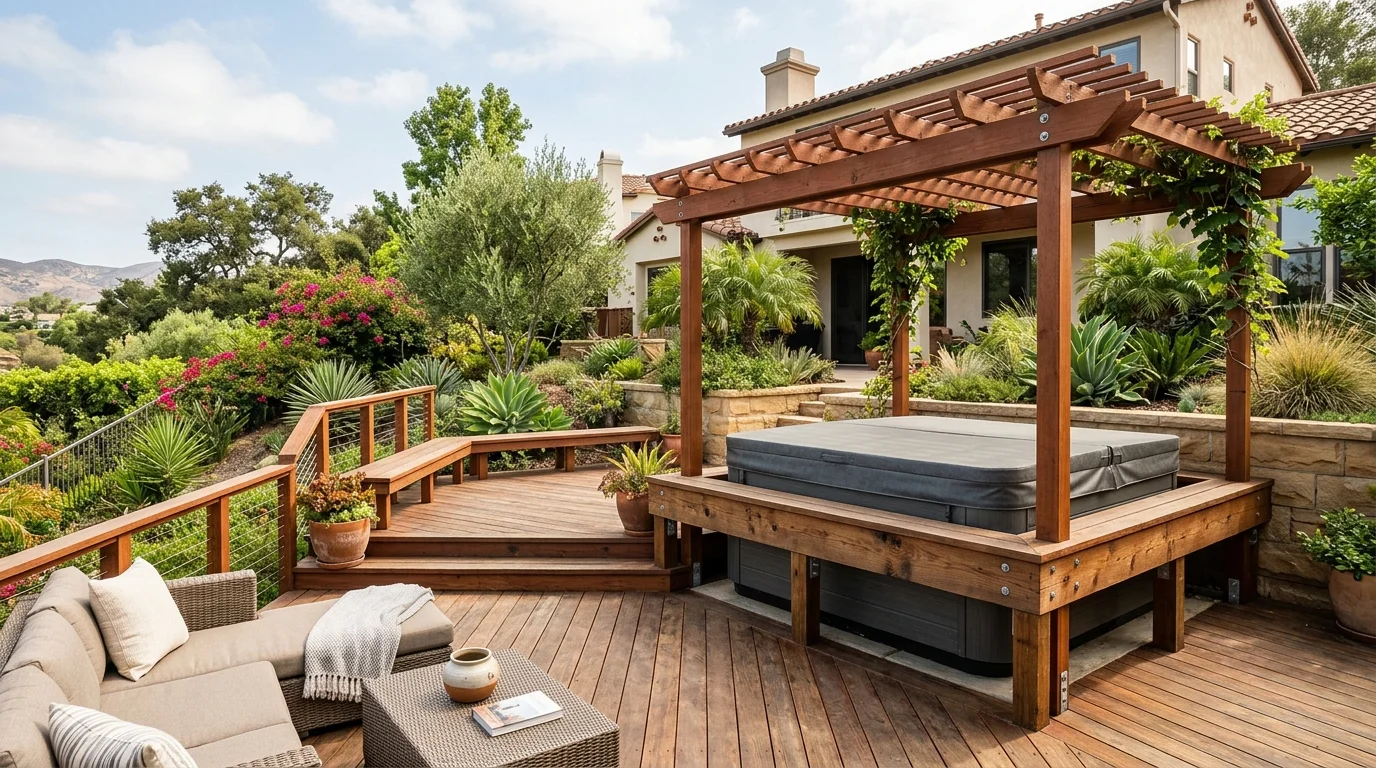 Covered spa on a reinforced corner of a Southern California backyard deck