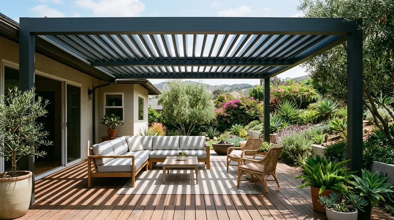 Aluminum louvered roof with partially open blades over a San Diego patio