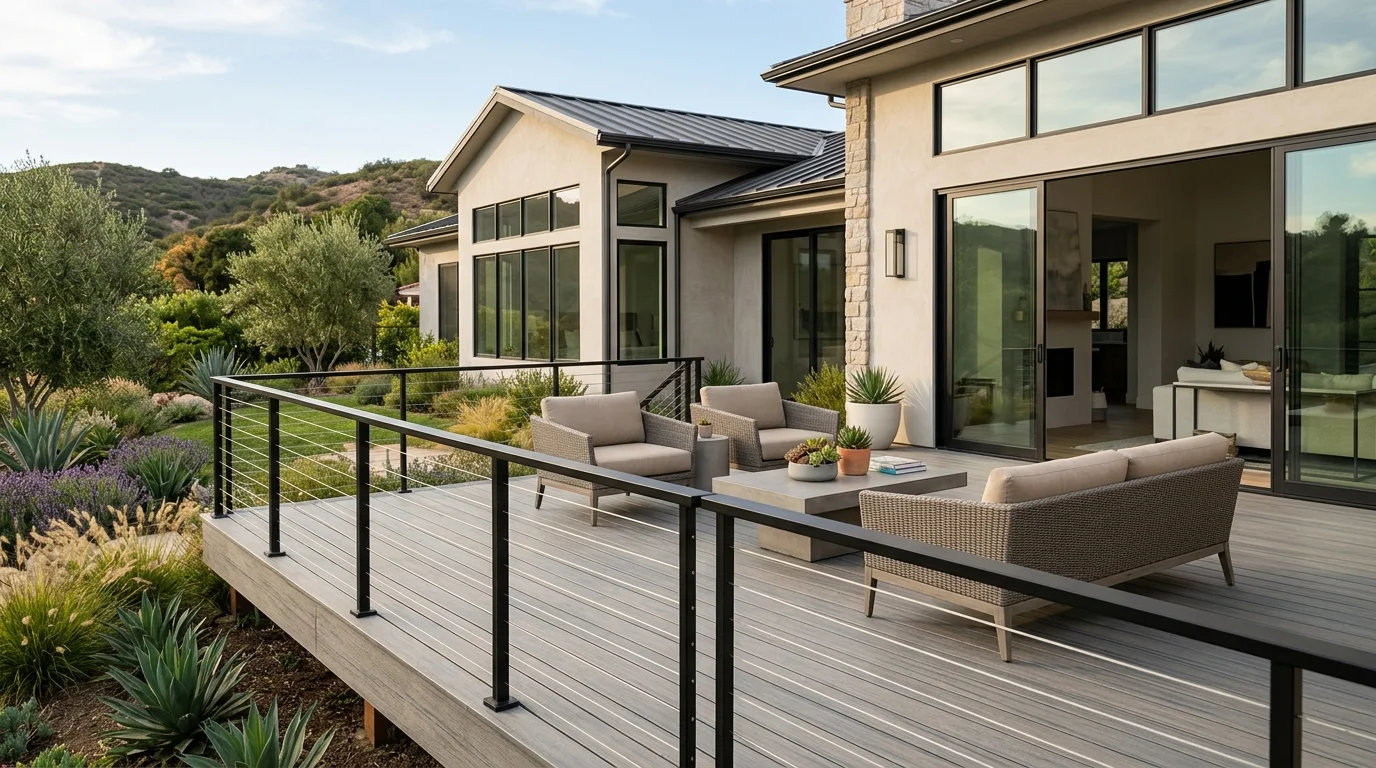 Modern low-profile deck with hidden fasteners and slim cable railing