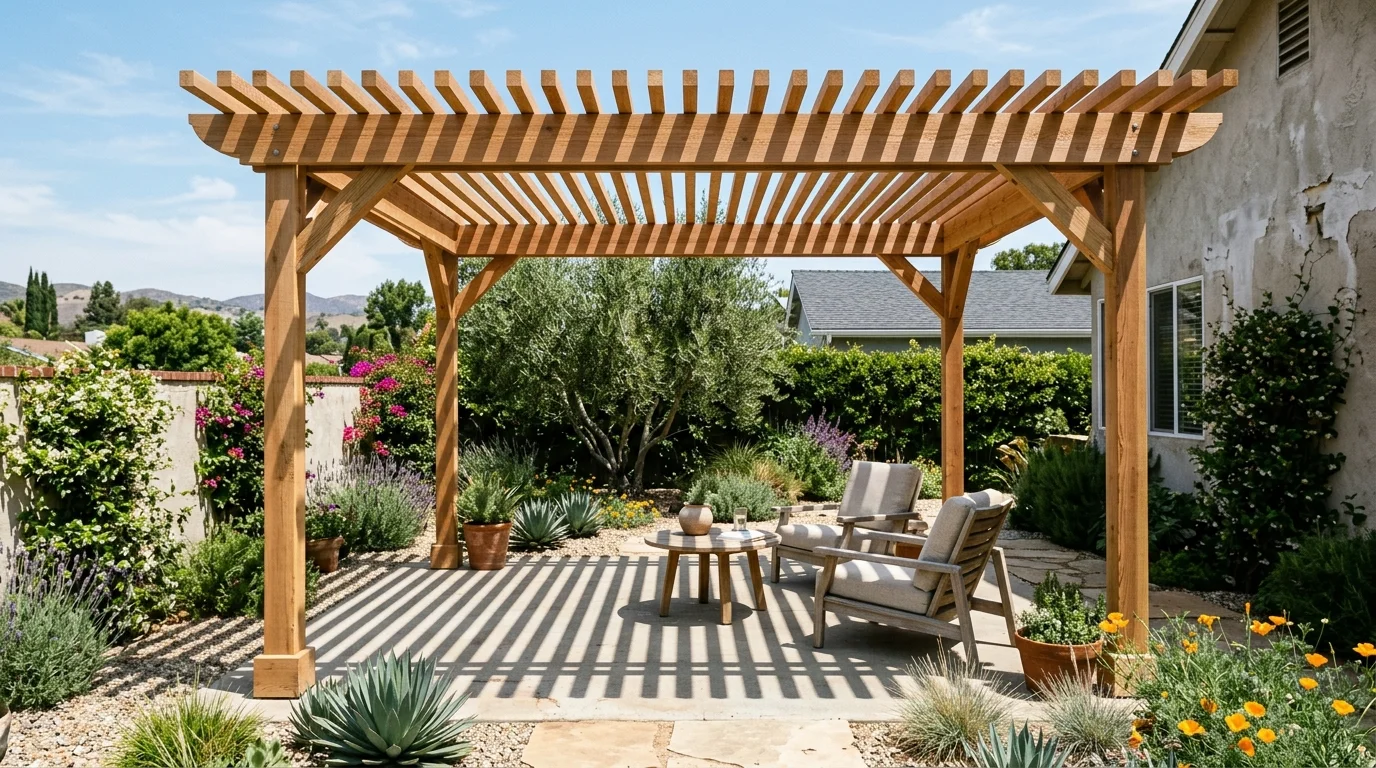 Freestanding cedar pergola over a backyard patio in San Diego County