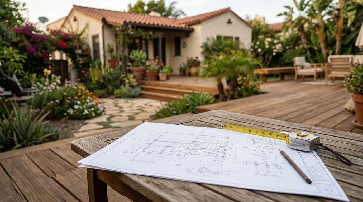 Deck plan drawing and tape measure on a table beside a backyard