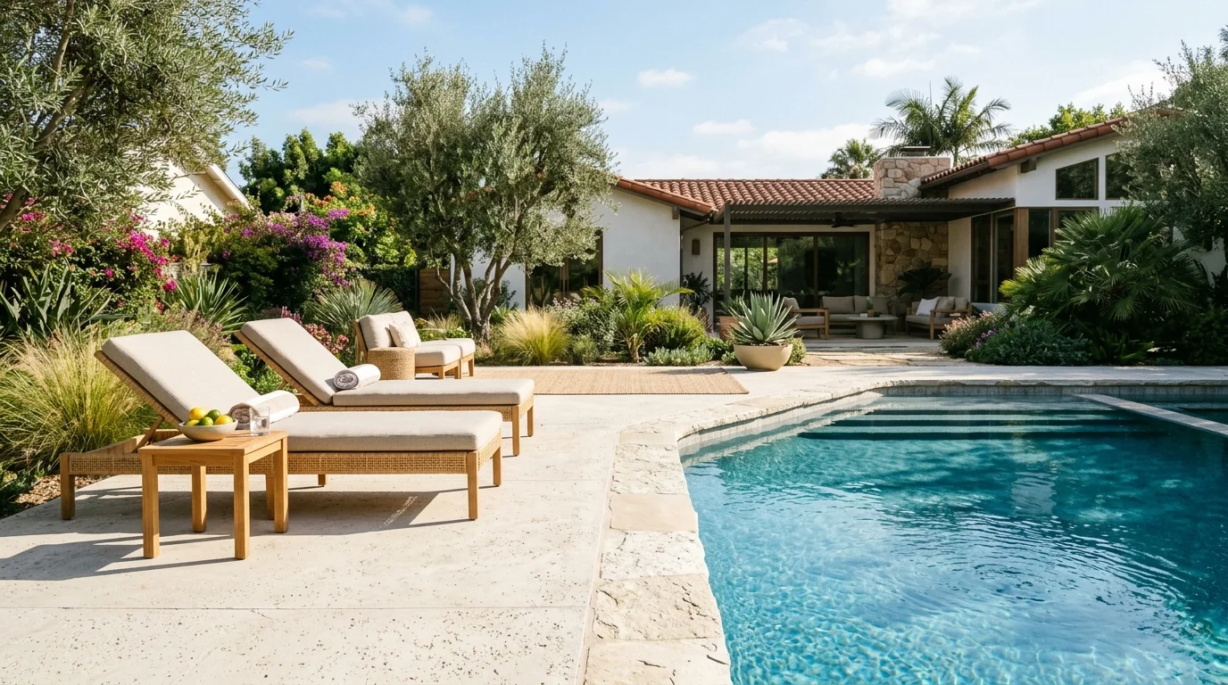 Textured light-colored pool deck surround beside a residential pool
