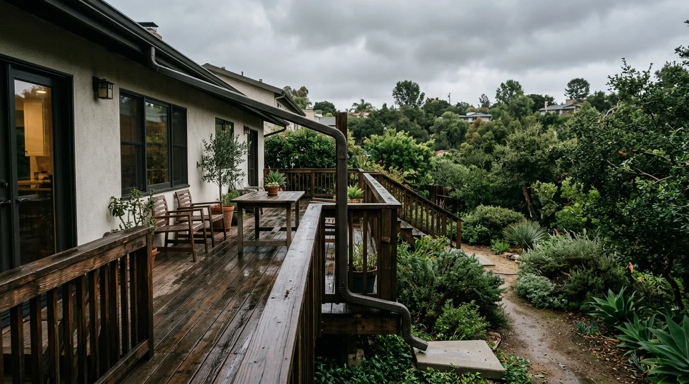 Overcast Southern California wood deck with a downspout aimed at the yard