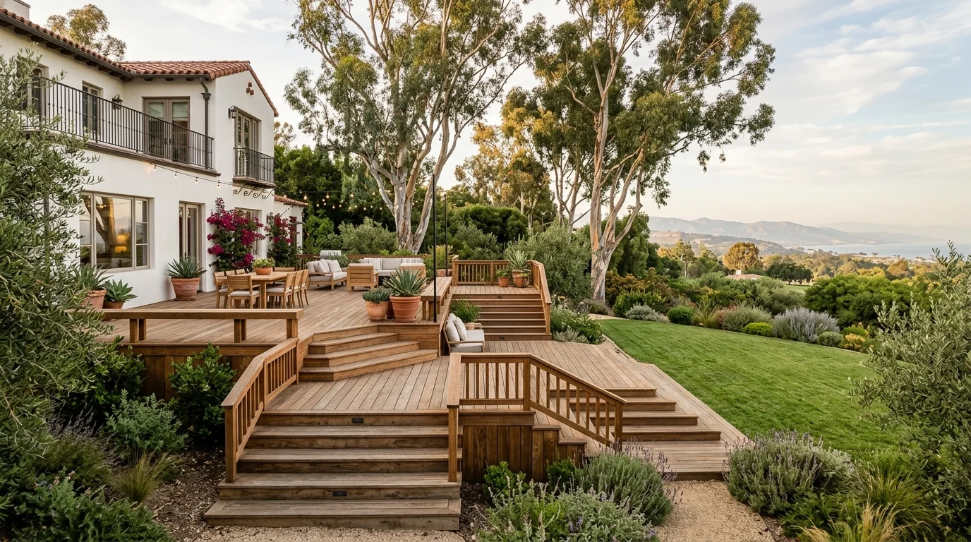 Stepped hardwood deck on a large estate lot with mature trees