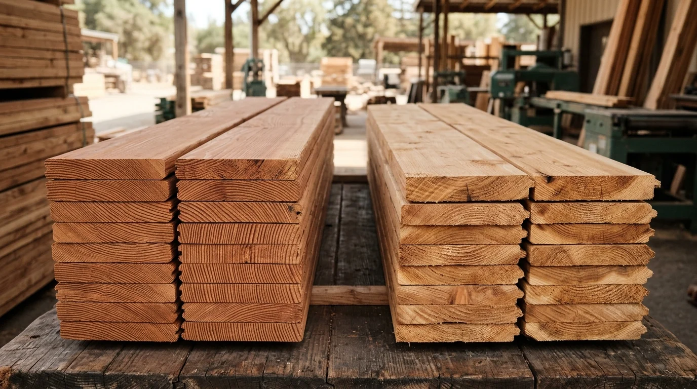 Redwood and cedar decking boards stacked side by side showing grain