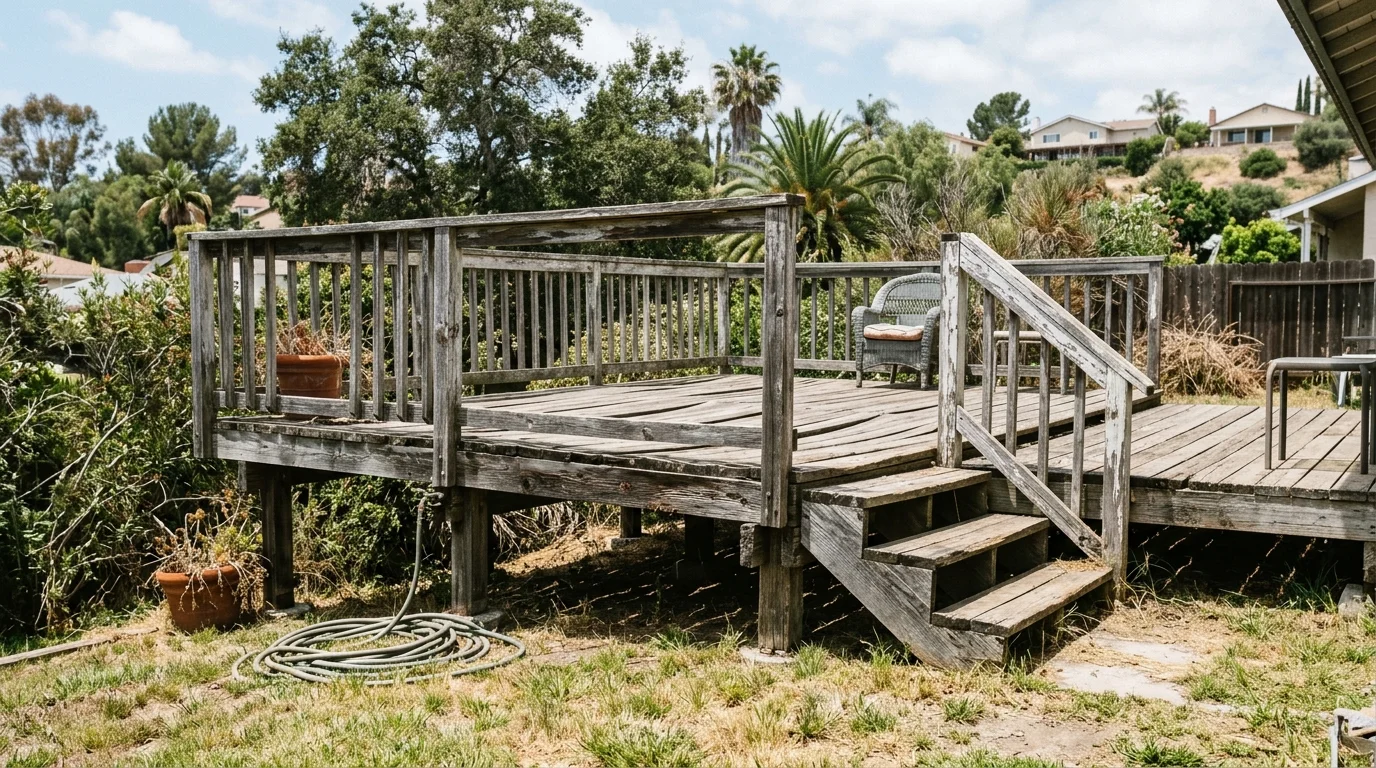 Aging residential wood deck with weathered boards and posts