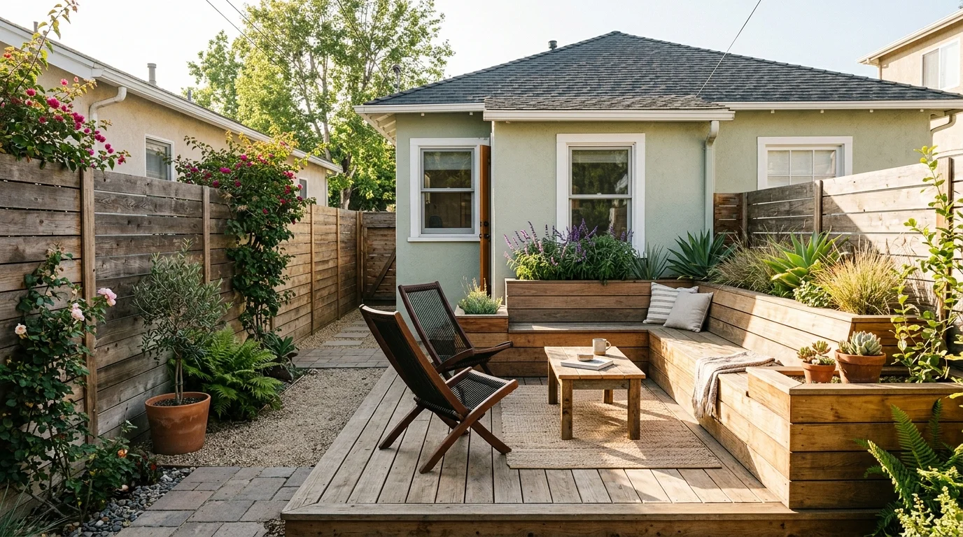 Compact wood deck with built-in bench in a narrow urban backyard